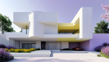 Modern architectural masterpiece with vibrant colors in a serene garden setting