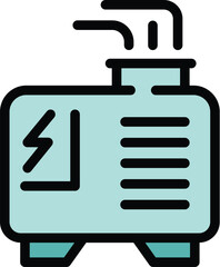 Green portable generator producing electricity with smoke coming from exhaust pipe, color simple outline vector icon