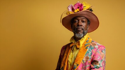 Fototapeta premium Portrait of a middle aged African American man wearing a whimsical fantastical costume in vibrant colors with a hopeful and confident expression