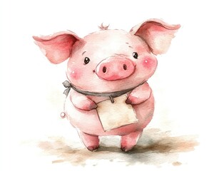 Cute Isometric Watercolor Pig Illustration
