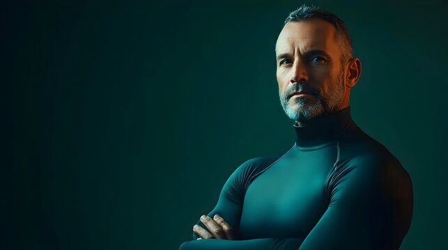 A portrait shot of a middle aged Caucasian man dressed in a sleek futuristic bodysuit appears pensive and contemplative against a plain emerald background