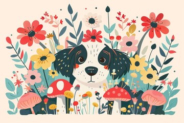 Naklejka premium Whimsical puppy in floral garden illustration