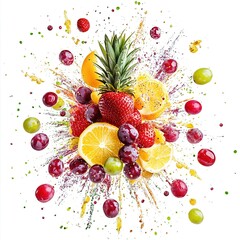 radial explosion of flavours strawberry lemon pineapple and grapes, white background, in a 3D style