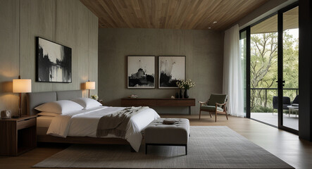 A large bedroom with an eye-catching painting on the wall, enhancing the room's aesthetic appeal.