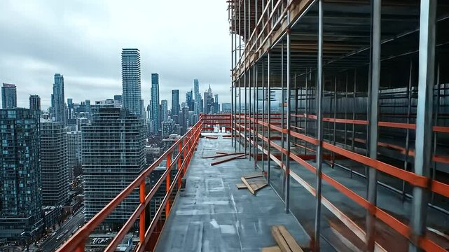 Zoomed-in view of scaffolding planks, covered in durable, weather-resistant material with safety rails in place, highlighting the construction site&rsquo;s focus on safety