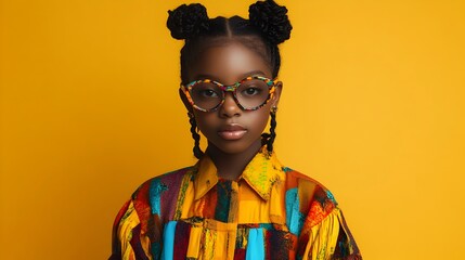 Avant Garde Portrait of Curious Teenage African American Girl Dressed in Vibrant Experimental Fashion Ensemble with Copy Space on Plain Ochre Studio Background