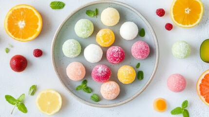 Colorful Mochi Balls on a Plate with Fresh Fruits