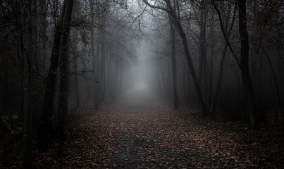 A misty path leads through a dense forest, the trees shrouded in fog, creating an eerie and mysterious atmosphere.