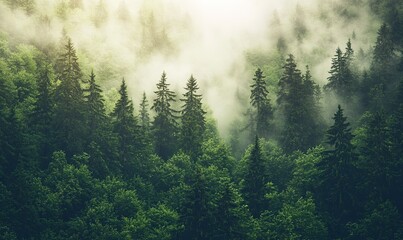 A misty forest with tall trees.