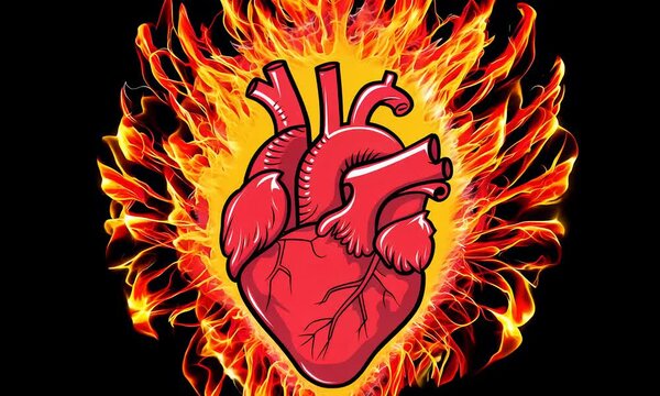 Anatomical heart engulfed in fiery flames symbolizing passion and intensity.