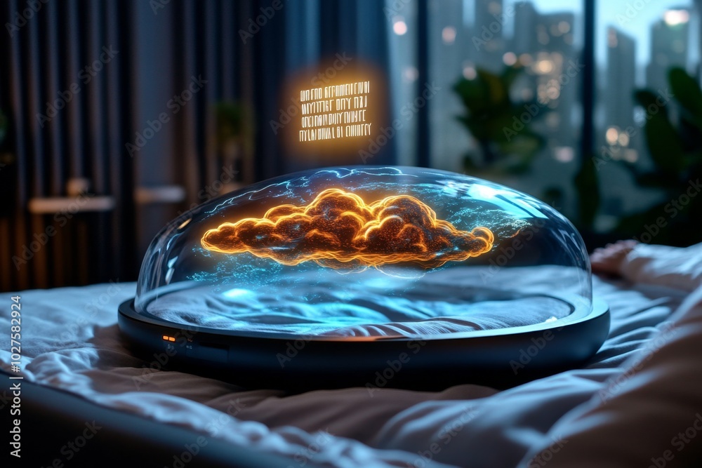 Poster 3d model of a digital assistant projecting a motivational quote, floating in the air, as the person 