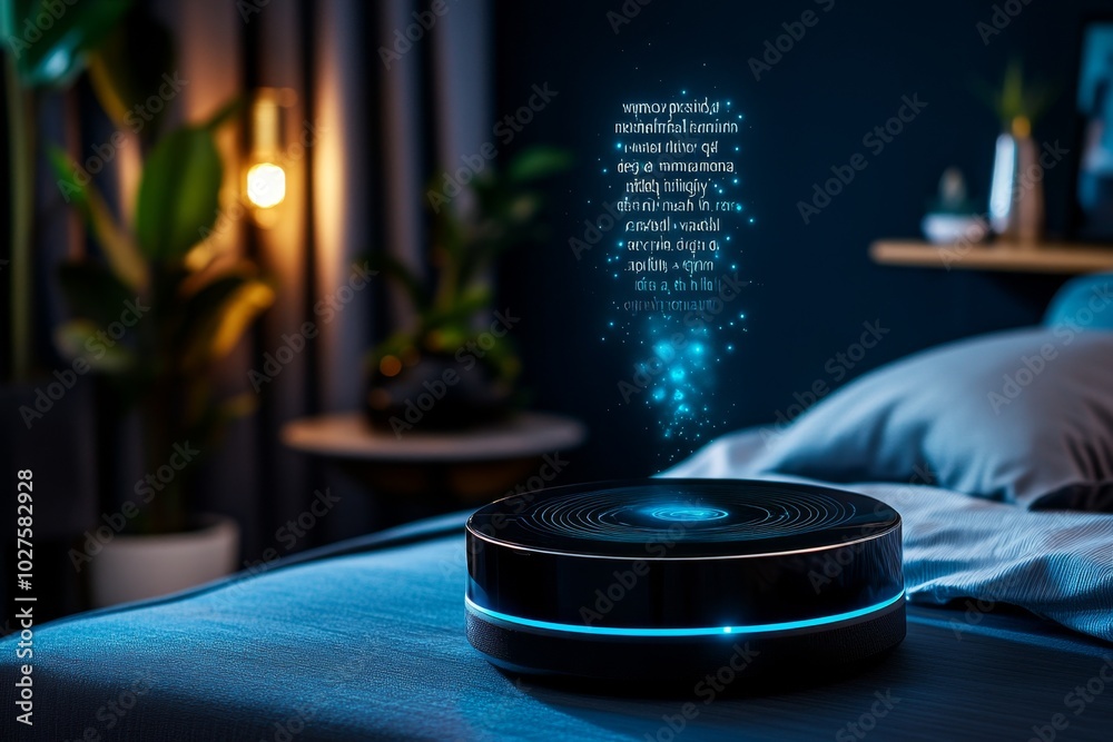 Poster 3d model of a digital assistant projecting a motivational quote, floating in the air, as the person 