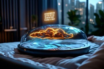 3D model of a digital assistant projecting a motivational quote, floating in the air, as the person gets out of bed, surrounded by calming and energizing visuals
