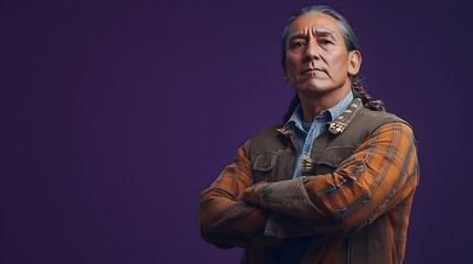 Obraz premium Contemplative Portrait of a Middle Aged Native American Man Dressed in a Rugged Outdoor Outfit Shot in a Lighting Studio Against a Deep Purple Background Leaving Space for Text Above the Subject