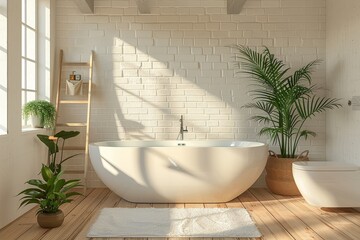 Minimalist white bathroom with wooden floor, freestanding bathtub, white brick wall, soft lighting, and green plant in pot, featuring natural light and clean lines.
