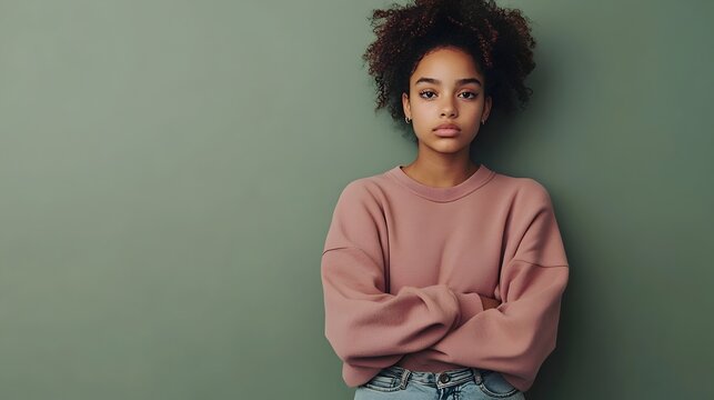 Portrait of an anxious and thoughtful teenage African American girl wearing an oversized sweatshirt and ripped jeans standing against a plain olive green studio background with copy space above