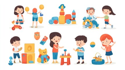Kids playtime vector illustrations, showing children playing with toys, parents joining in, lively and joyful