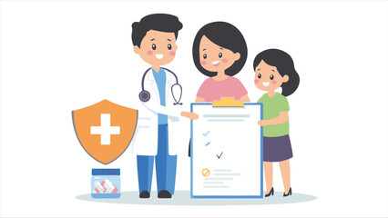 
A flat vector illustration of an attractive family standing next to their doctor, surrounded by healthcare elements such as hospital logos and medical documents. 