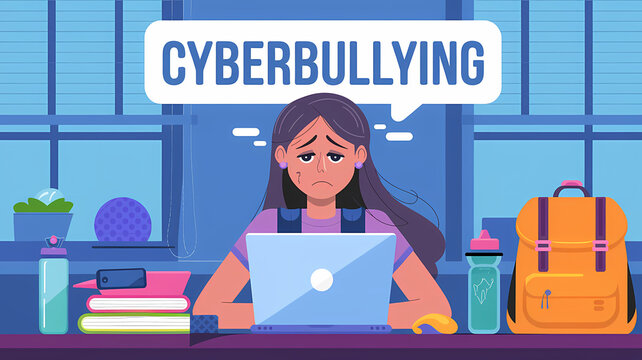 Illustration of a Sad Teenage Girl Surrounded by Personal Belongings with Text Bubble 'Cyberbullying'.