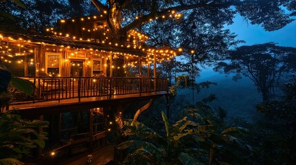 A cozy treehouse with string lights glowing in the twilight, nestled high in the trees overlooking a misty jungle landscape.