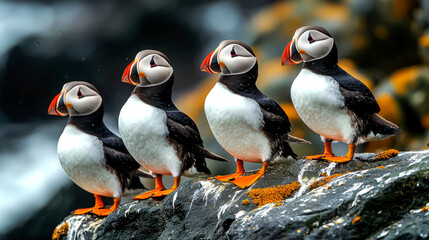 Four puffins standing on a rocky ledge.