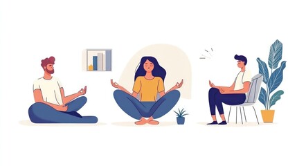 Obraz premium Meditation vector illustrations, depicting characters meditating and breathing exercises at home