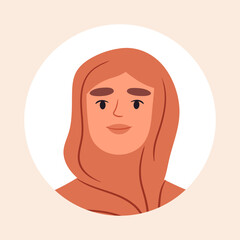 Arabic woman portrait. Muslim female character wearing hijab, stunning woman face, young lady flat vector illustration. Beautiful girl avatar