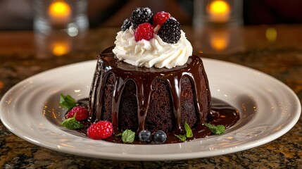 Decadent chocolate dessert topped with whipped cream and fresh berries on a plate.