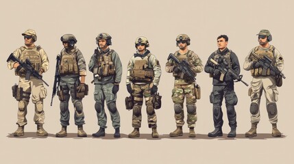 Modern military vector characters, equipped with advanced gear, showing diverse roles