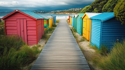 A wooden boardwalk leads to a row of colorful beach huts on a sandy beach. The sky is cloudy and the sea is in the background.