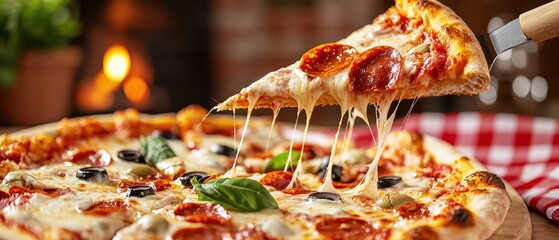 Delicious pizza topped with pepperoni, olives, and fresh basil, served hot with melting cheese.