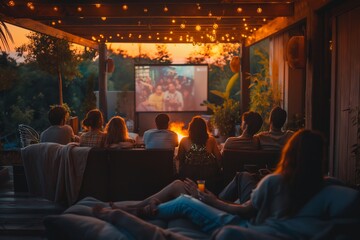 Open air cinema. Backyard Family outdoor movie night. DIY Screen with film. Summer outdoor weekend. Relaxing with a group of friends