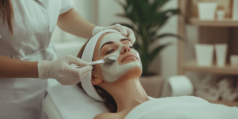 A woman receives a calming facial treatment at a spa, with a soothing mask being applied by a professional, enhancing relaxation and skin care routine.