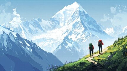Obraz premium Mountain trekking vector illustrations, showing hikers on trails with stunning mountain backdrops like the Himalayas