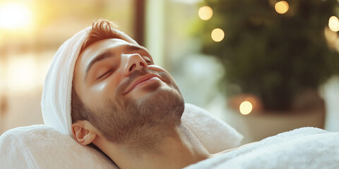 Close-up of a man with a towel head wrap, relaxed and smiling, enjoying a tranquil spa experience, epitomizing self-care and stress relief in a cozy setting.