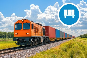 Obraz premium Freight train transporting colorful containers through a lush landscape under a beautiful cloudy sky.