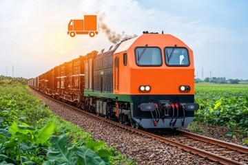 Obraz premium Freight train transporting goods through lush green fields under a clear blue sky.