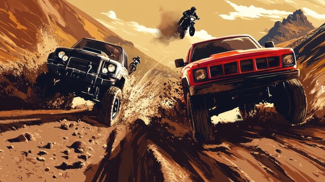 Off-road racing vector illustration, showing trucks and bikes racing through muddy trails, dynamic and rugged