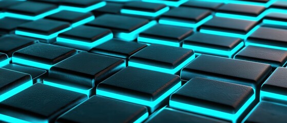 Futuristic black tiles illuminated with glowing blue light, creating a modern tech-inspired aesthetic.