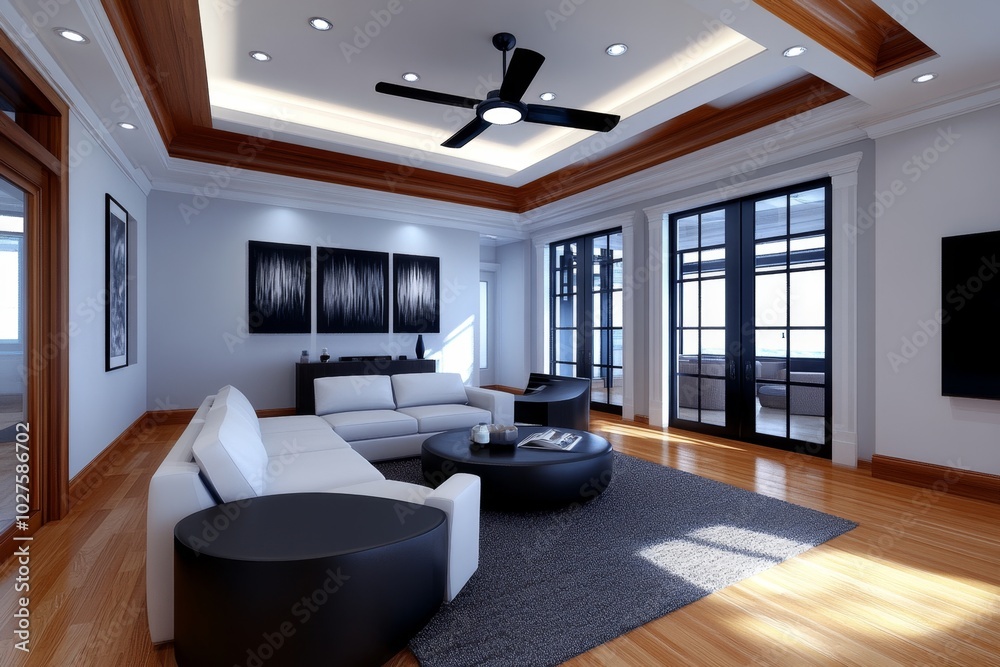 Poster digital 3d model of a custom-designed living room, where customers can select furniture, color schem