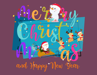 Creative Merry Christmas and Happy New Year postcard. Multicolored calligraphy with cartoon characters on abstract background. Can be used for postcards, greeting cards, leaflets