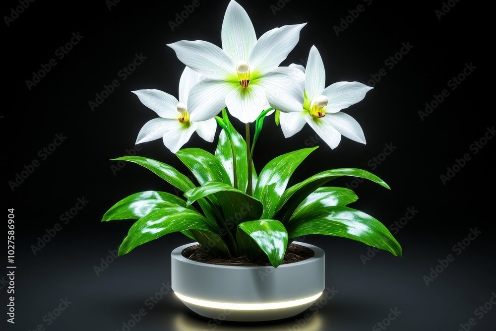 Poster digital 3d model of an orchid plant, with detailed petals and leaves, rendered in a virtual space wh