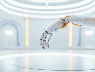 Robotic arm assembling components with precision in a futuristic research facility