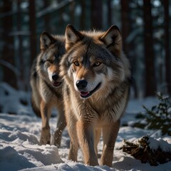 Obraz premium Two grey wolves walking through a snowy forest, with the one in the foreground looking directly at the camera.