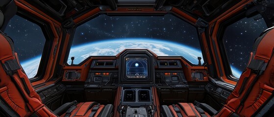 Futuristic spacecraft cockpit with vibrant red seats and a view of Earth from space.