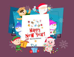 Happy New Year and warmest wishes bright postcard. Inscription with elf, piglet, Santa Claus, snowmen and bear on background with snowflakes. Can be used for postcards, greeting cards, leaflets