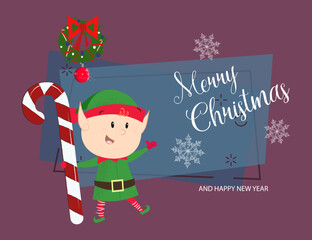 Festive postcard design with Christmas elf. Merry Christmas and Happy New Year inscription with elf holding candy cane orange and blue background. Can be used for postcards, invitations