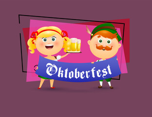 German people holding Oktoberfest banner. Positive waitress with tray and redhead man in green hat. Lettering can be used for invitations, signs, announcements