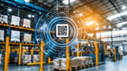 Fototapeta premium Futuristic warehouse with QR code technology, showcasing logistics innovation and automation in inventory management.