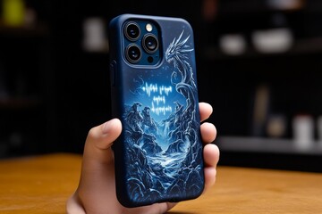 Fantasy-themed phone case design, featuring custom artwork of dragons or magical landscapes, where the customer can add their name or a personal message in glowing runes